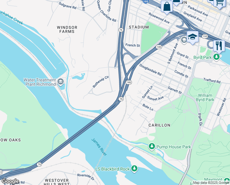 map of restaurants, bars, coffee shops, grocery stores, and more near 1258 Rothesay Circle in Richmond