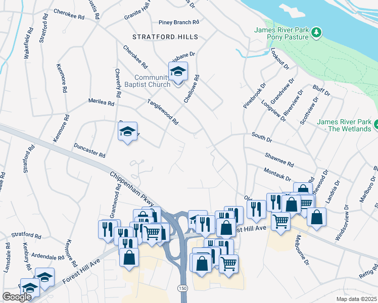 map of restaurants, bars, coffee shops, grocery stores, and more near 3131 Bradwill Road in Richmond
