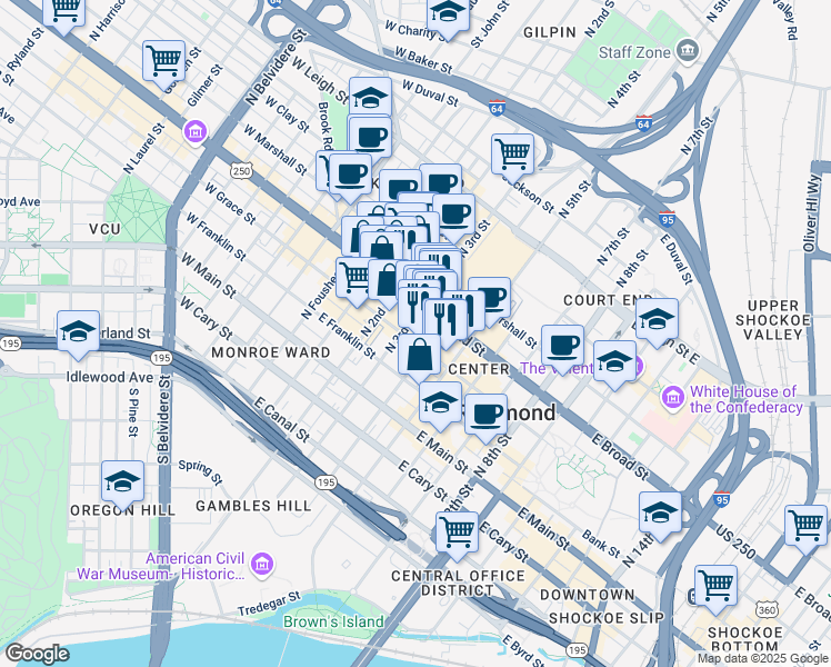 map of restaurants, bars, coffee shops, grocery stores, and more near 313 East Broad Street in Richmond