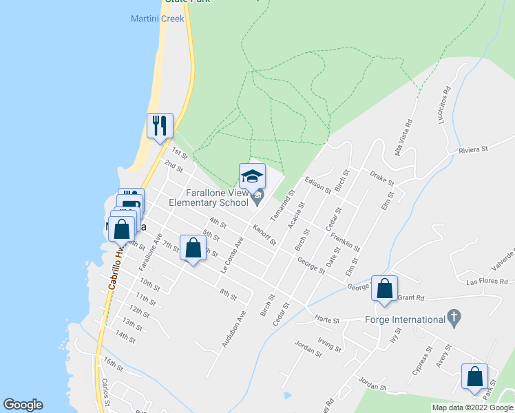 map of restaurants, bars, coffee shops, grocery stores, and more near 1100 Le Conte Avenue in Montara