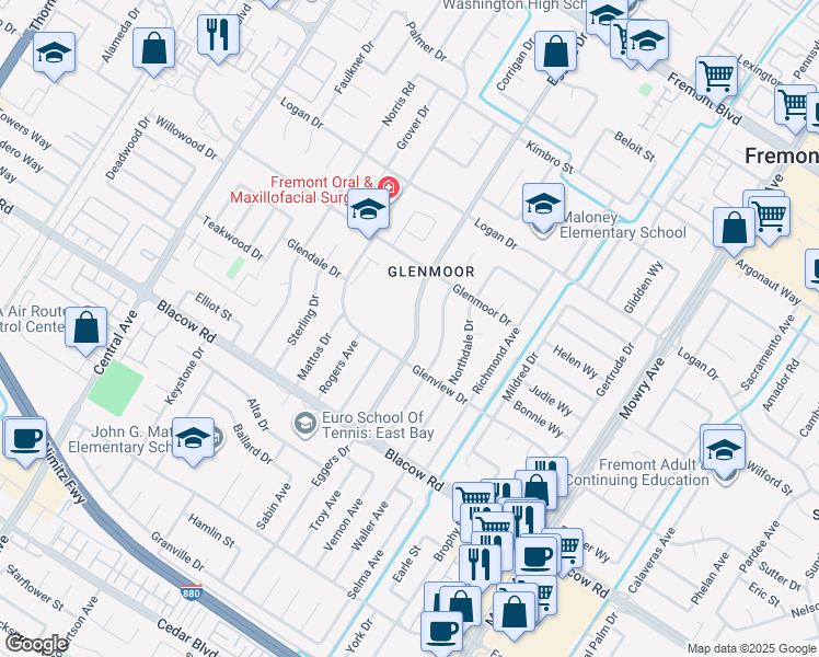 map of restaurants, bars, coffee shops, grocery stores, and more near 4715 Eggers Drive in Fremont