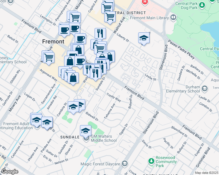 map of restaurants, bars, coffee shops, grocery stores, and more near 4033 San Francisco Terrace in Fremont