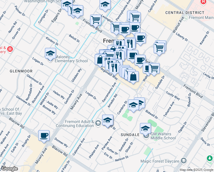 map of restaurants, bars, coffee shops, grocery stores, and more near 222 Presidio Way in Fremont