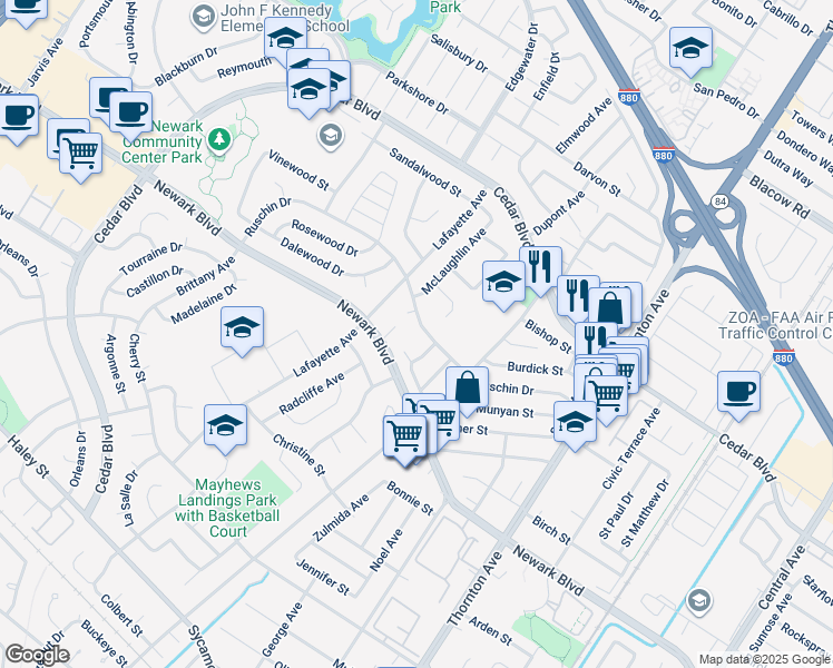 map of restaurants, bars, coffee shops, grocery stores, and more near 36409 Ruschin Drive in Newark