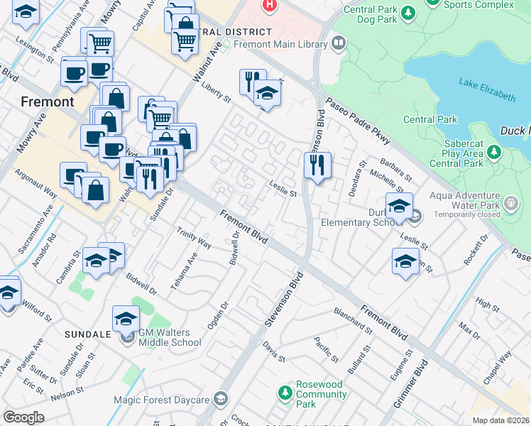 map of restaurants, bars, coffee shops, grocery stores, and more near 39800 Fremont Boulevard in Fremont