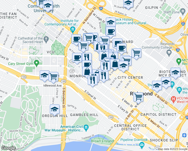 map of restaurants, bars, coffee shops, grocery stores, and more near 2 East Main Street in Richmond