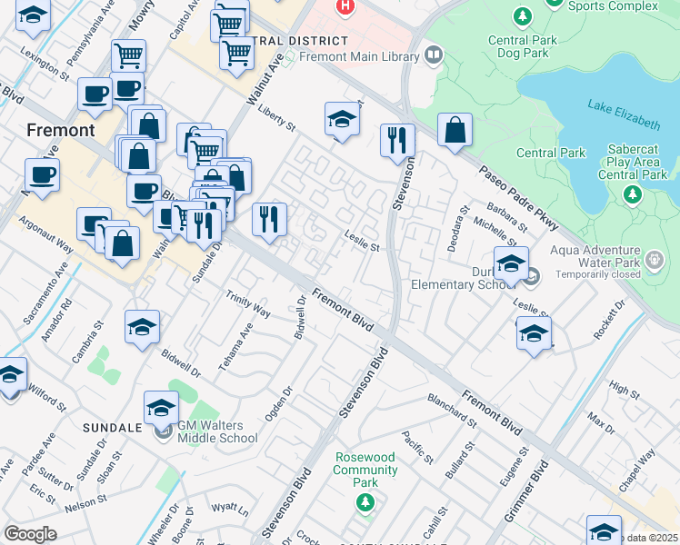 map of restaurants, bars, coffee shops, grocery stores, and more near 39800 Fremont Boulevard in Fremont