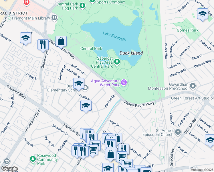 map of restaurants, bars, coffee shops, grocery stores, and more near 40295 Paseo Padre Parkway in Fremont