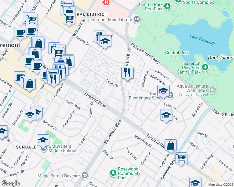 map of restaurants, bars, coffee shops, grocery stores, and more near 3695 Stevenson Boulevard in Fremont