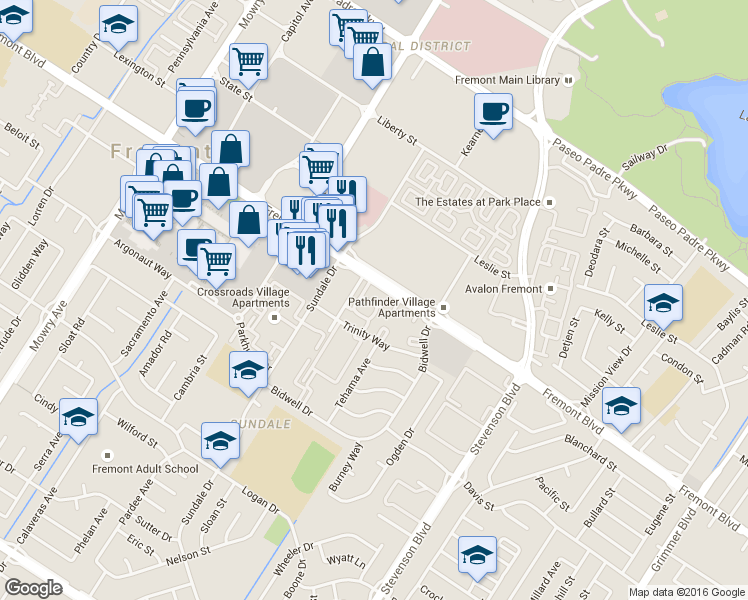 map of restaurants, bars, coffee shops, grocery stores, and more near 4033 San Francisco Terrace in Fremont