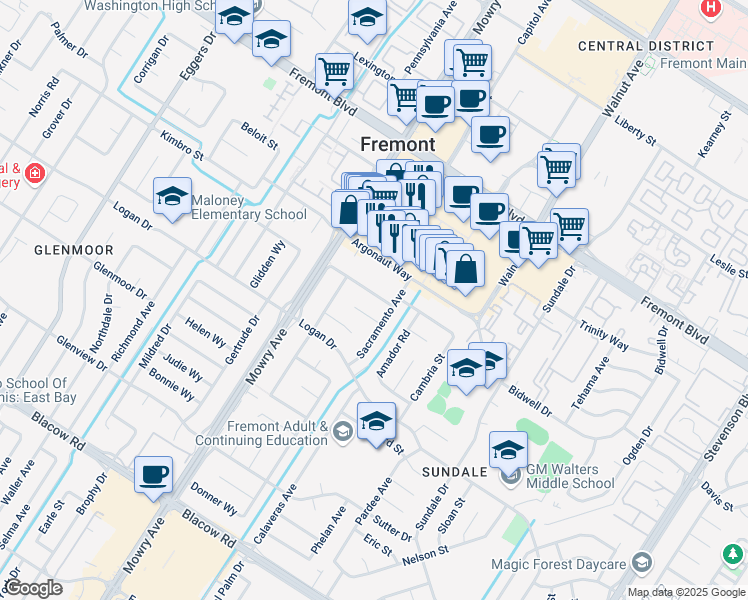map of restaurants, bars, coffee shops, grocery stores, and more near 222 Presidio Way in Fremont
