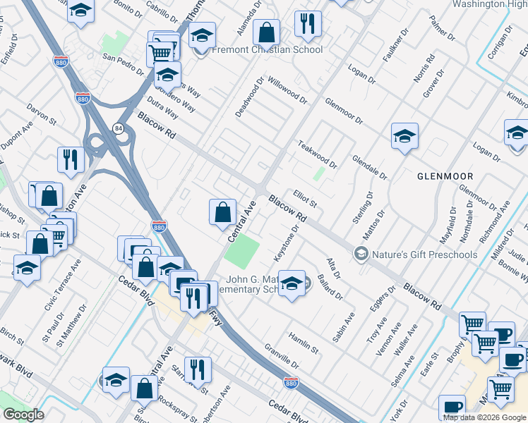 map of restaurants, bars, coffee shops, grocery stores, and more near 5029 Castlewood Common in Fremont