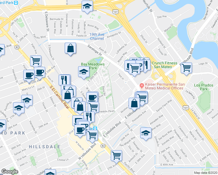map of restaurants, bars, coffee shops, grocery stores, and more near 402 Longden Avenue in San Mateo