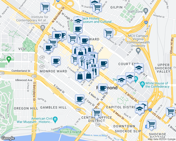 map of restaurants, bars, coffee shops, grocery stores, and more near 313 East Broad Street in Richmond