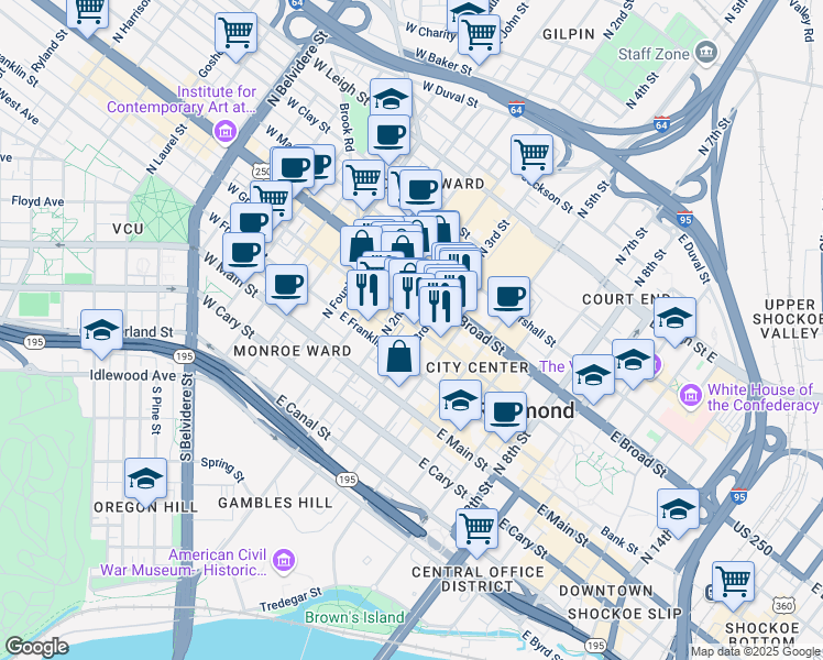 map of restaurants, bars, coffee shops, grocery stores, and more near 210 East Grace Street in Richmond