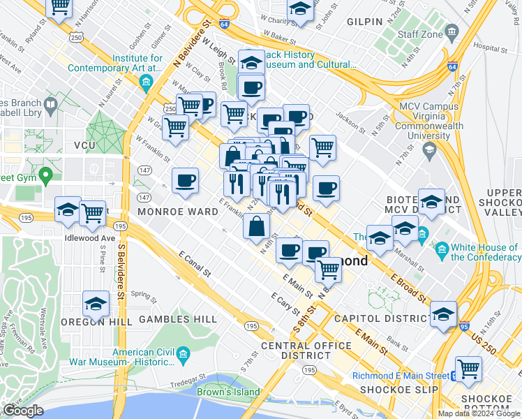 map of restaurants, bars, coffee shops, grocery stores, and more near 210 East Grace Street in Richmond
