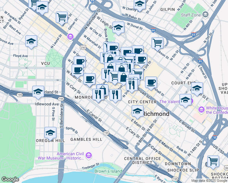 map of restaurants, bars, coffee shops, grocery stores, and more near 105 North 1st Street in Richmond