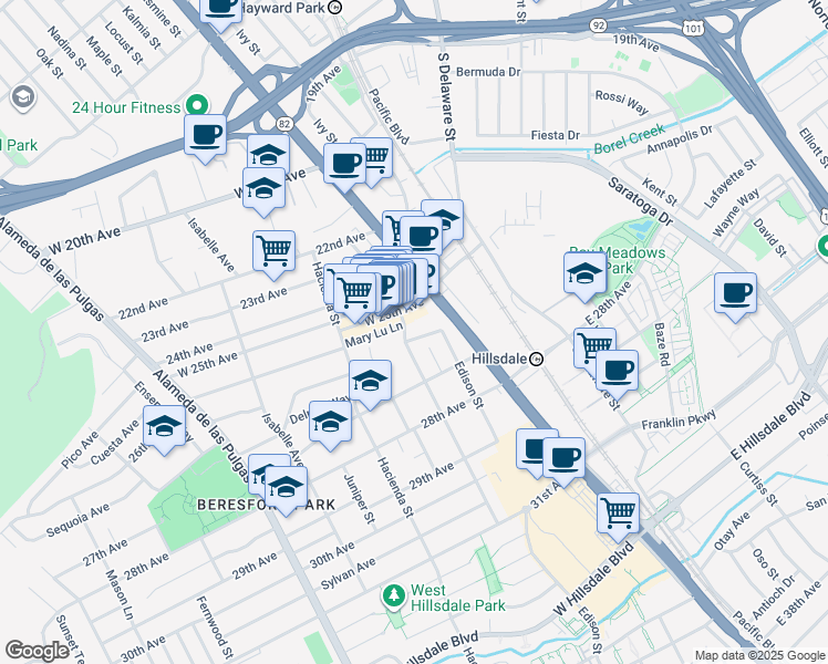map of restaurants, bars, coffee shops, grocery stores, and more near 105 Mary Lu Lane in San Mateo