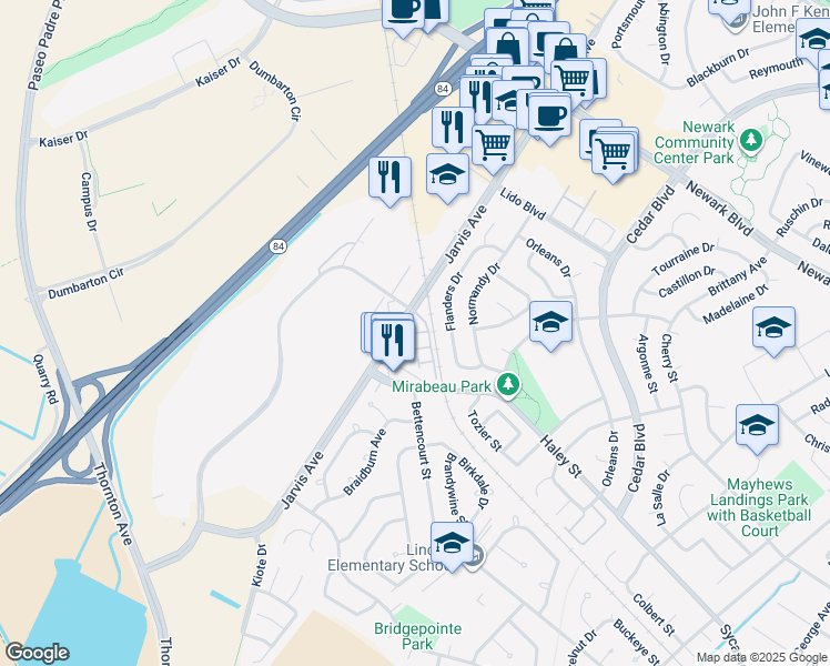 map of restaurants, bars, coffee shops, grocery stores, and more near B Street in Newark