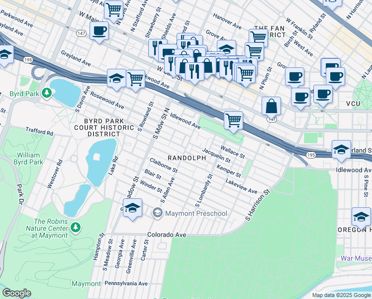 map of restaurants, bars, coffee shops, grocery stores, and more near 1625 Kemper Street in Richmond