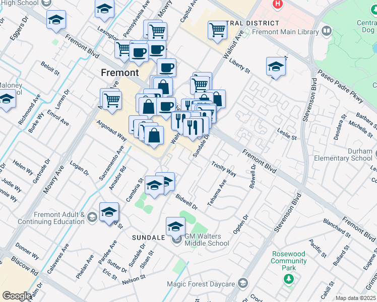 map of restaurants, bars, coffee shops, grocery stores, and more near 39545 Ross Common in Fremont