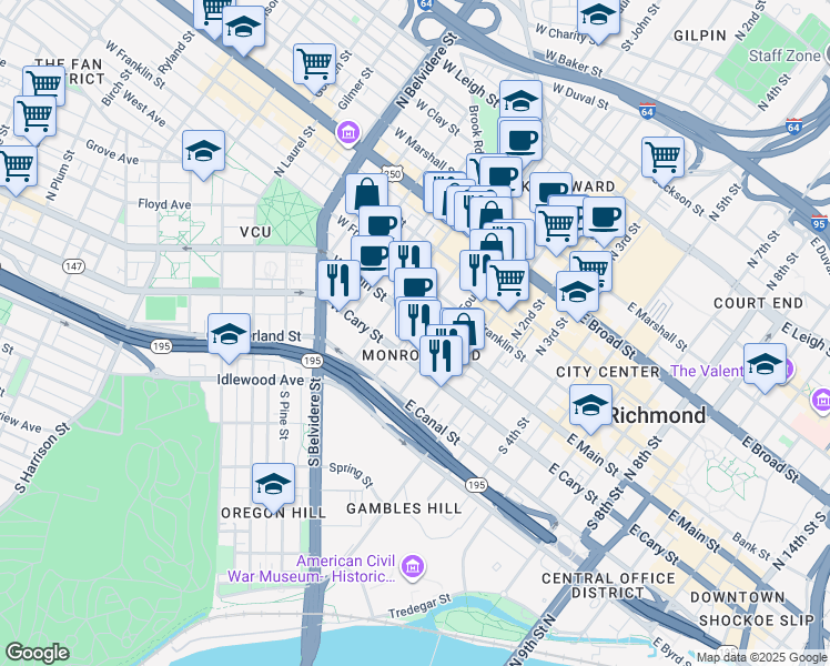 map of restaurants, bars, coffee shops, grocery stores, and more near 14 West Main Street in Richmond