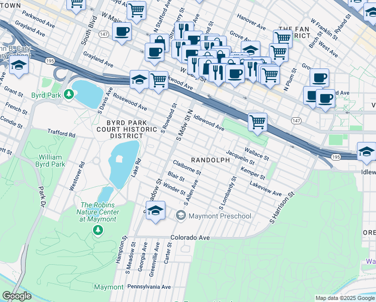 map of restaurants, bars, coffee shops, grocery stores, and more near 1900 Lakeview Avenue in Richmond