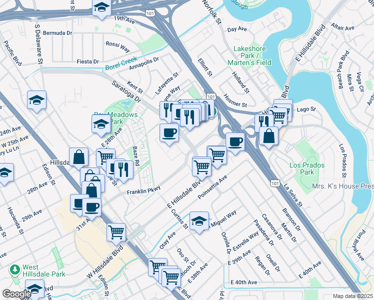 map of restaurants, bars, coffee shops, grocery stores, and more near 910 Franklin Parkway in San Mateo