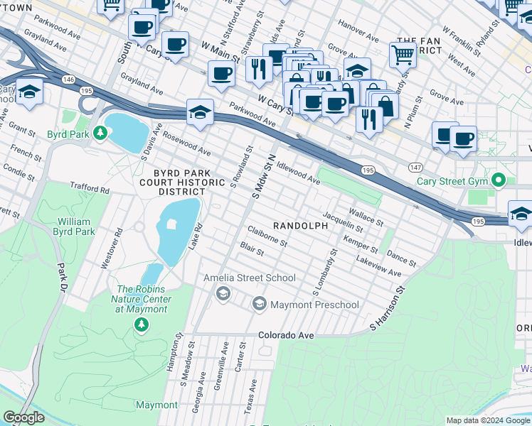 map of restaurants, bars, coffee shops, grocery stores, and more near 1904 Lakeview Avenue in Richmond