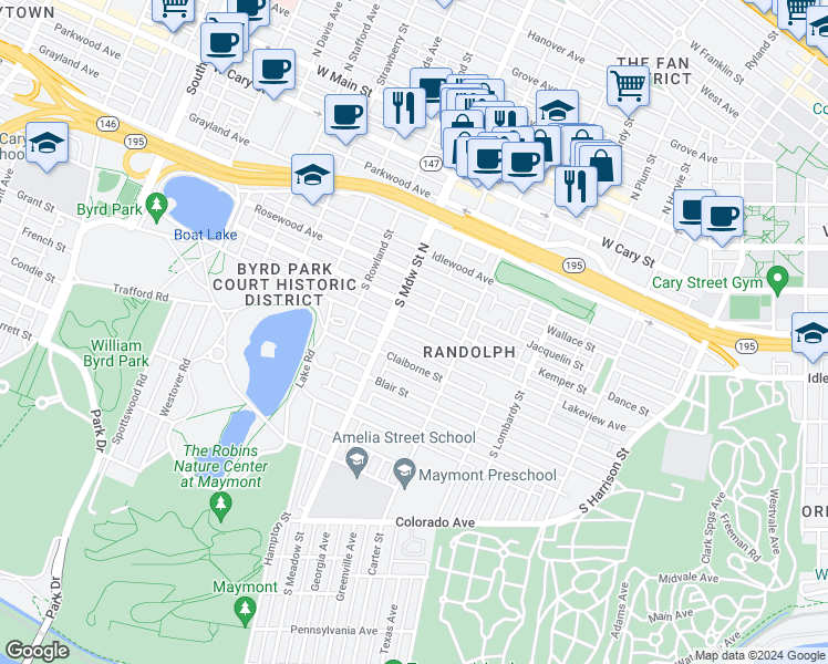 map of restaurants, bars, coffee shops, grocery stores, and more near 1906 Lakeview Avenue in Richmond