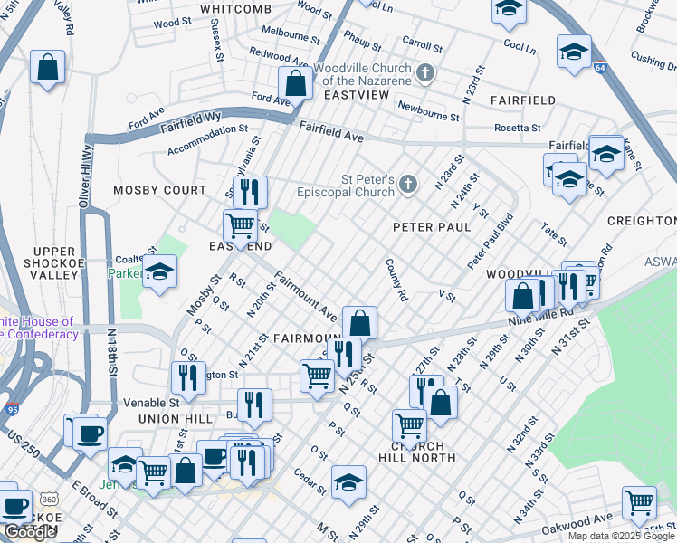 map of restaurants, bars, coffee shops, grocery stores, and more near 1406 North 22nd Street in Richmond