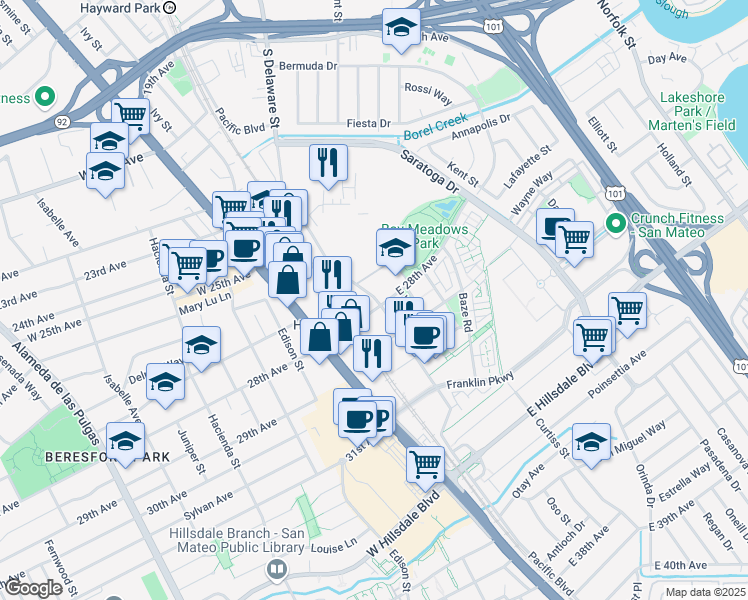 map of restaurants, bars, coffee shops, grocery stores, and more near 2750 South Delaware Street in San Mateo