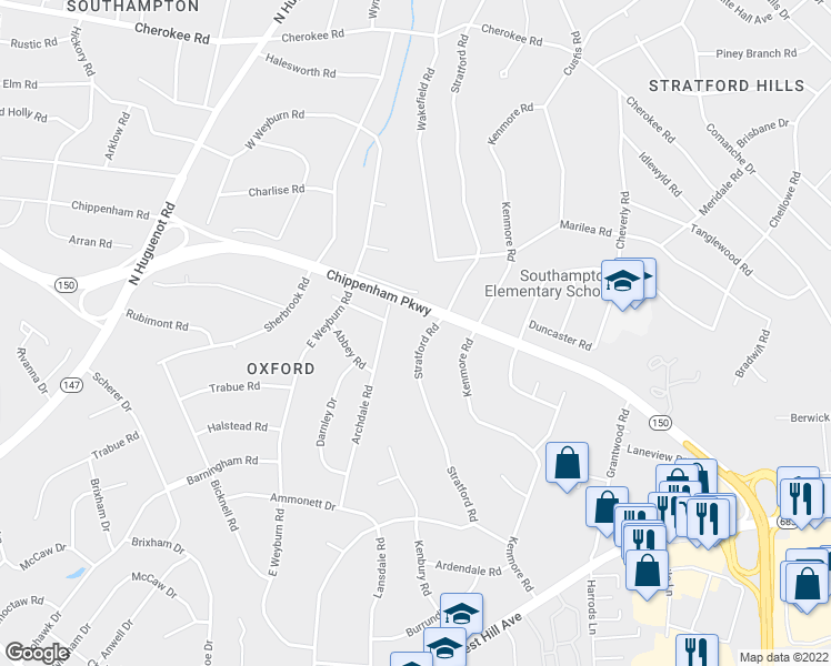 map of restaurants, bars, coffee shops, grocery stores, and more near 3240 Stratford Road in Richmond