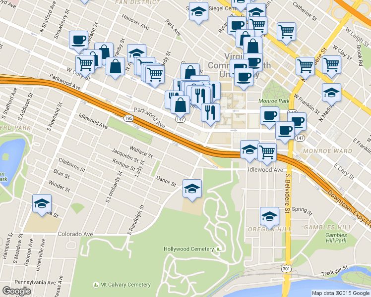 map of restaurants, bars, coffee shops, grocery stores, and more near 1300 Grayland Avenue in Richmond