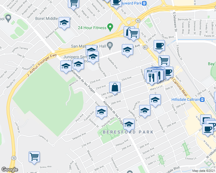 map of restaurants, bars, coffee shops, grocery stores, and more near 445 23rd Avenue in San Mateo