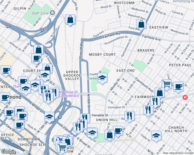 map of restaurants, bars, coffee shops, grocery stores, and more near 1339 Coalter Street in Richmond