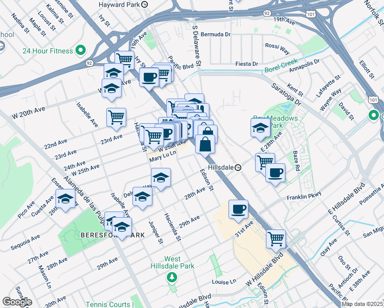 map of restaurants, bars, coffee shops, grocery stores, and more near 40 26th Place in San Mateo