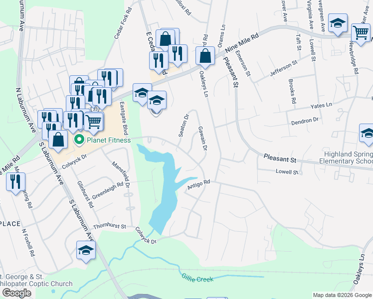 map of restaurants, bars, coffee shops, grocery stores, and more near 219 Seaton Drive in Richmond