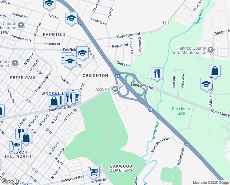 map of restaurants, bars, coffee shops, grocery stores, and more near 3233 Nine Mile Road in Richmond
