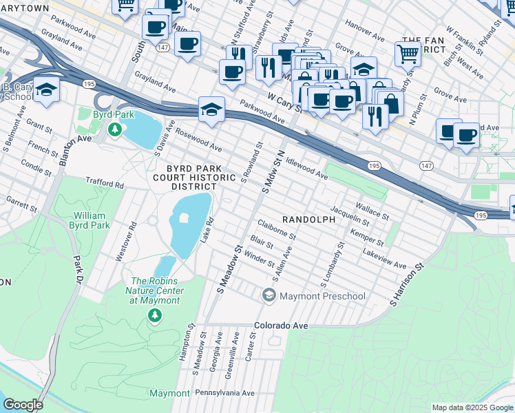 map of restaurants, bars, coffee shops, grocery stores, and more near in Richmond