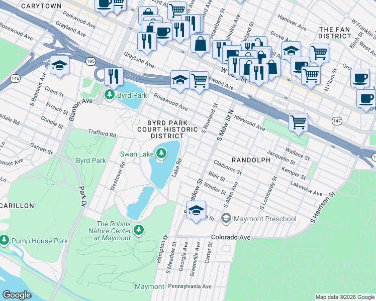 map of restaurants, bars, coffee shops, grocery stores, and more near 735 Byrd Park Court in Richmond