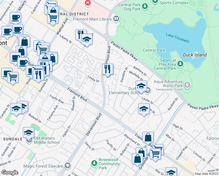 map of restaurants, bars, coffee shops, grocery stores, and more near 39939 Stevenson Common in Fremont