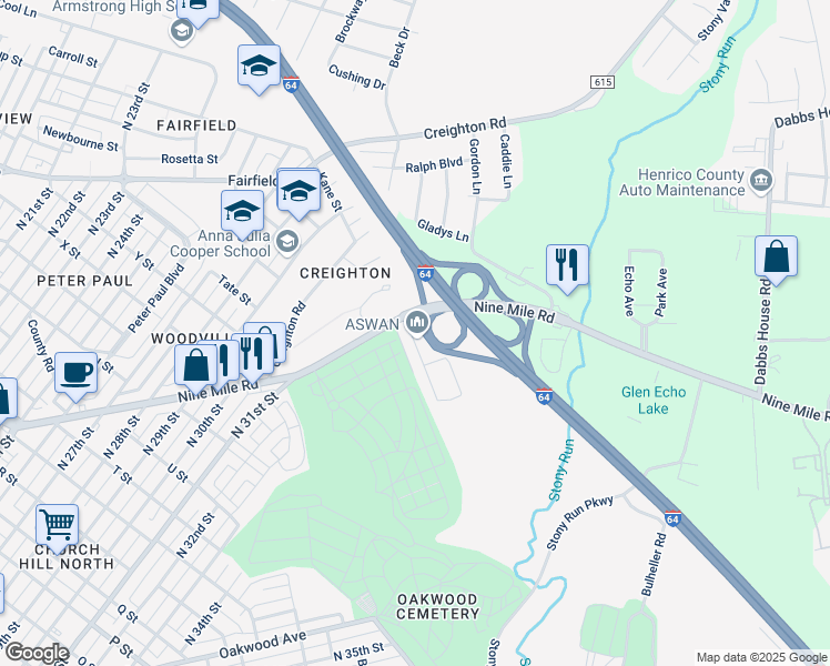 map of restaurants, bars, coffee shops, grocery stores, and more near 3233 Nine Mile Road in Richmond