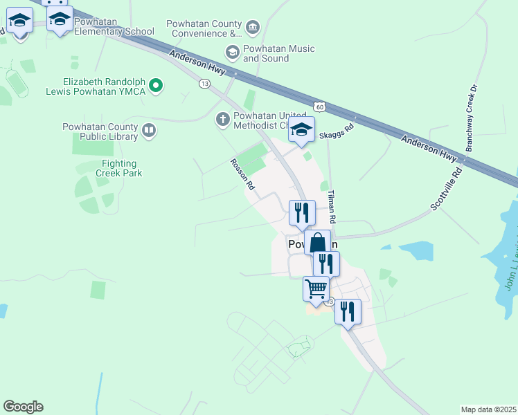 map of restaurants, bars, coffee shops, grocery stores, and more near 2219 Rosson Road in Powhatan