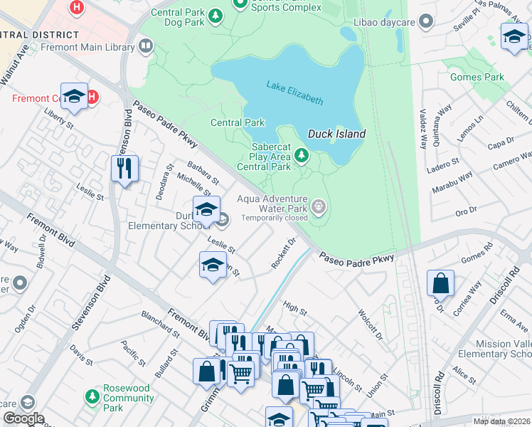 map of restaurants, bars, coffee shops, grocery stores, and more near 40295 Paseo Padre Parkway in Fremont