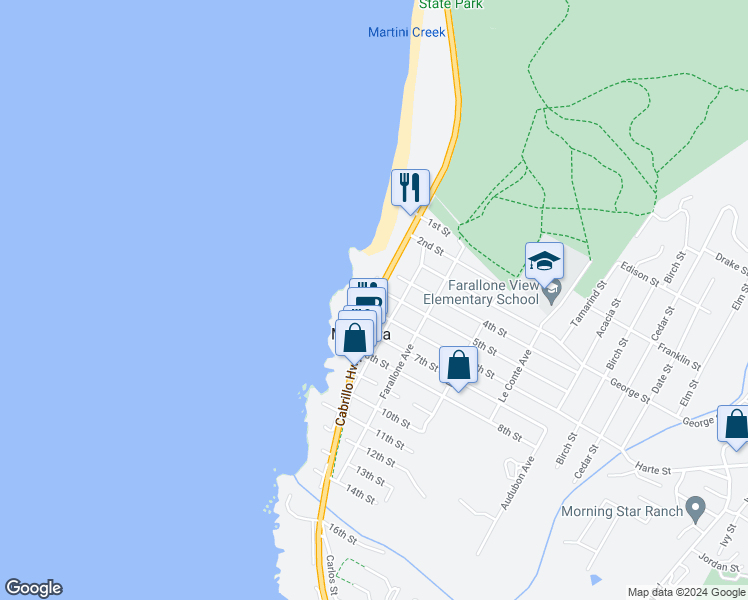 map of restaurants, bars, coffee shops, grocery stores, and more near 8322 Cabrillo Highway in Half Moon Bay