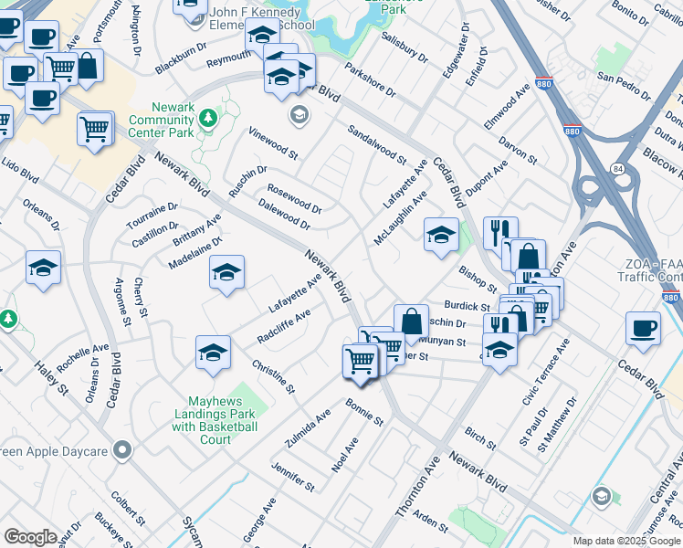 map of restaurants, bars, coffee shops, grocery stores, and more near 5879 Caleb Court in Newark