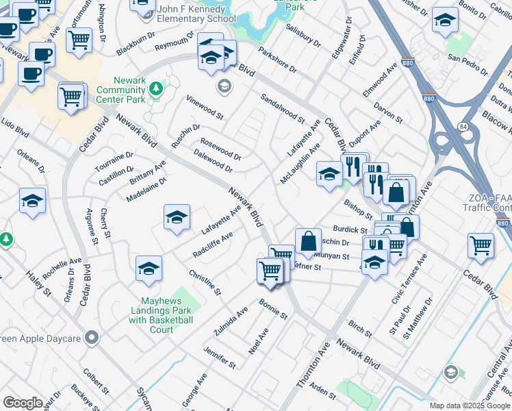 map of restaurants, bars, coffee shops, grocery stores, and more near 5879 Caleb Court in Newark