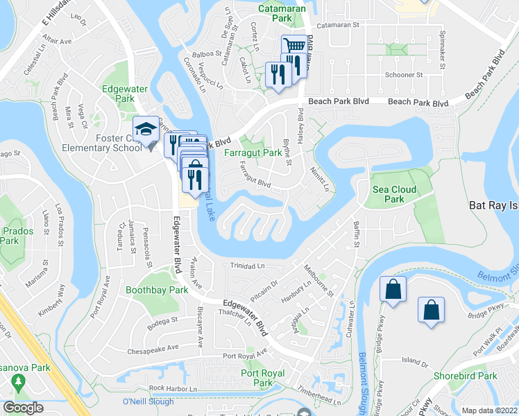 map of restaurants, bars, coffee shops, grocery stores, and more near 614 Greenwich Lane in Foster City