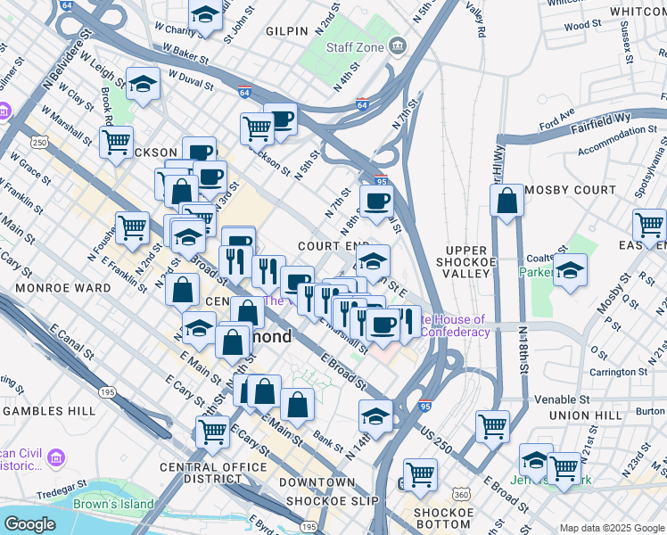 map of restaurants, bars, coffee shops, grocery stores, and more near 808 East Clay Street in Richmond